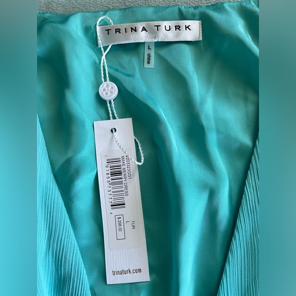 NWT Trina Turk Aqua Turquoise Satin Babydoll Mini Dress Tiered Long Sleeve Large - Picture 4 of 8